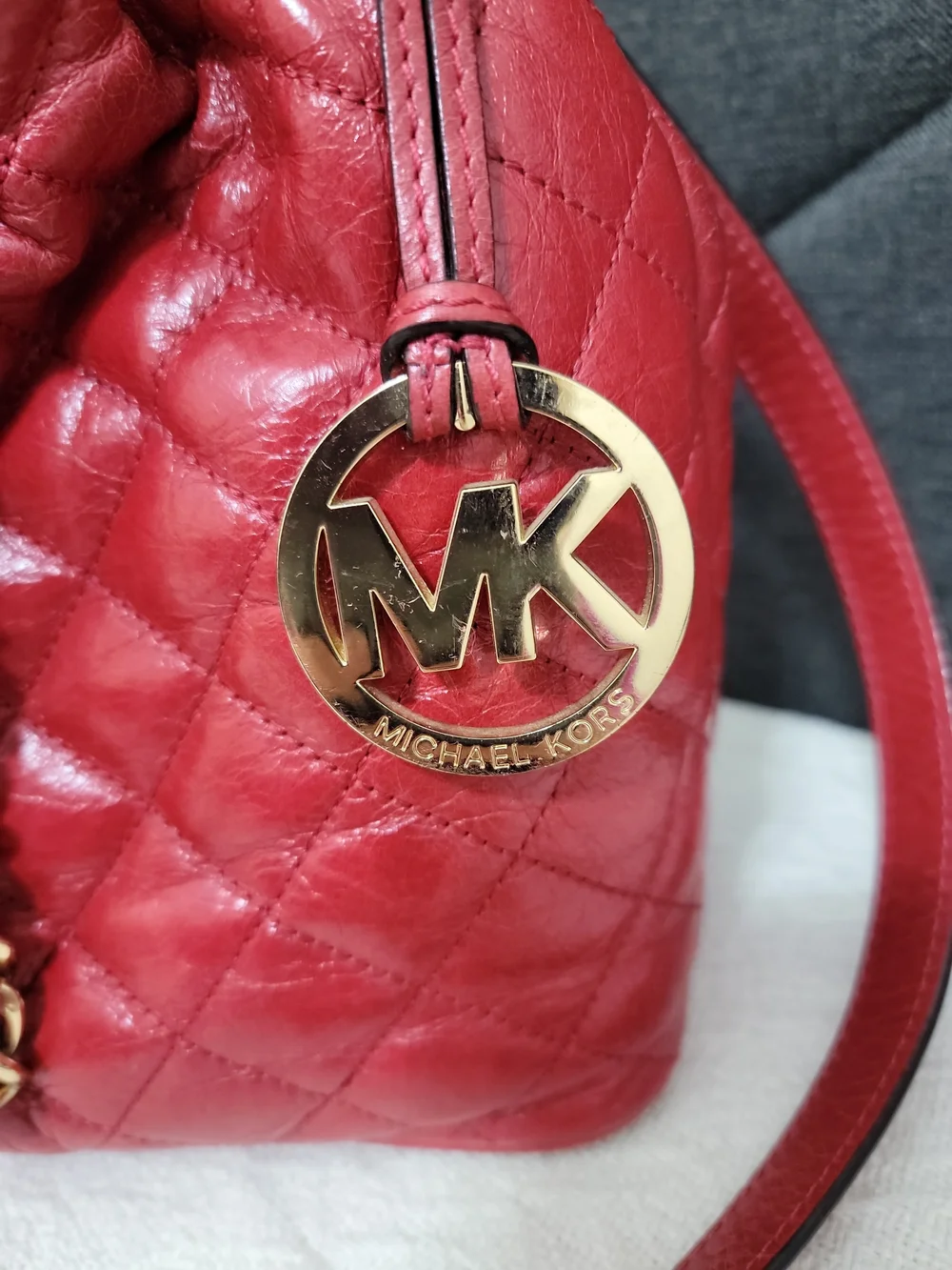 Michael Kors Red Quilted Leather Drawstring Shoulder Bag with Gold Chain